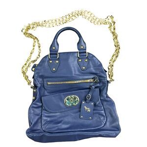 EMMA FOX Fold Over Blue Supple Leather Shoulder Purse Handbag  Zips Close